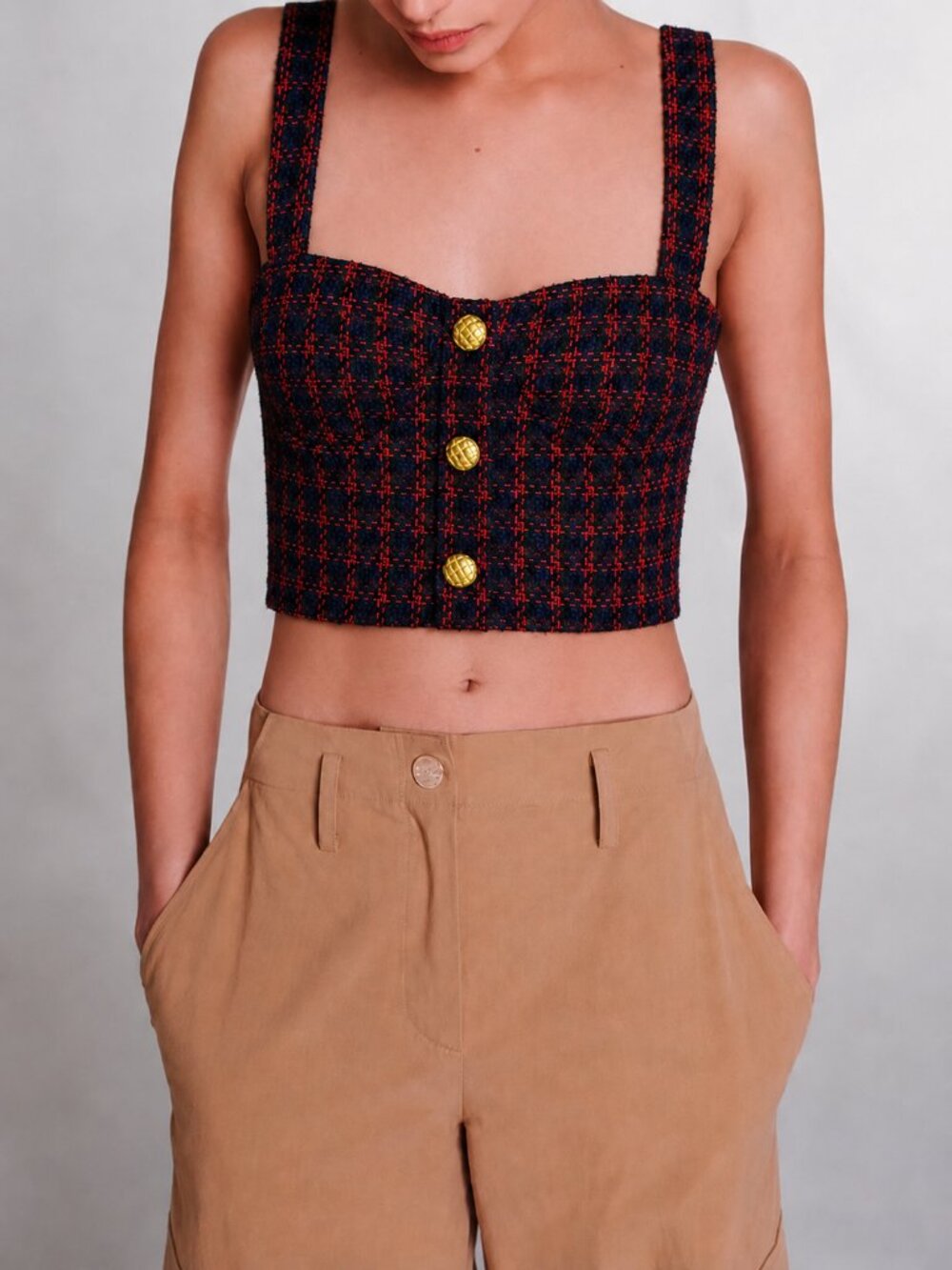 REVOLVE English Factory NEW Red Crop Plaid Tweed Gold Button Corset Top Medium